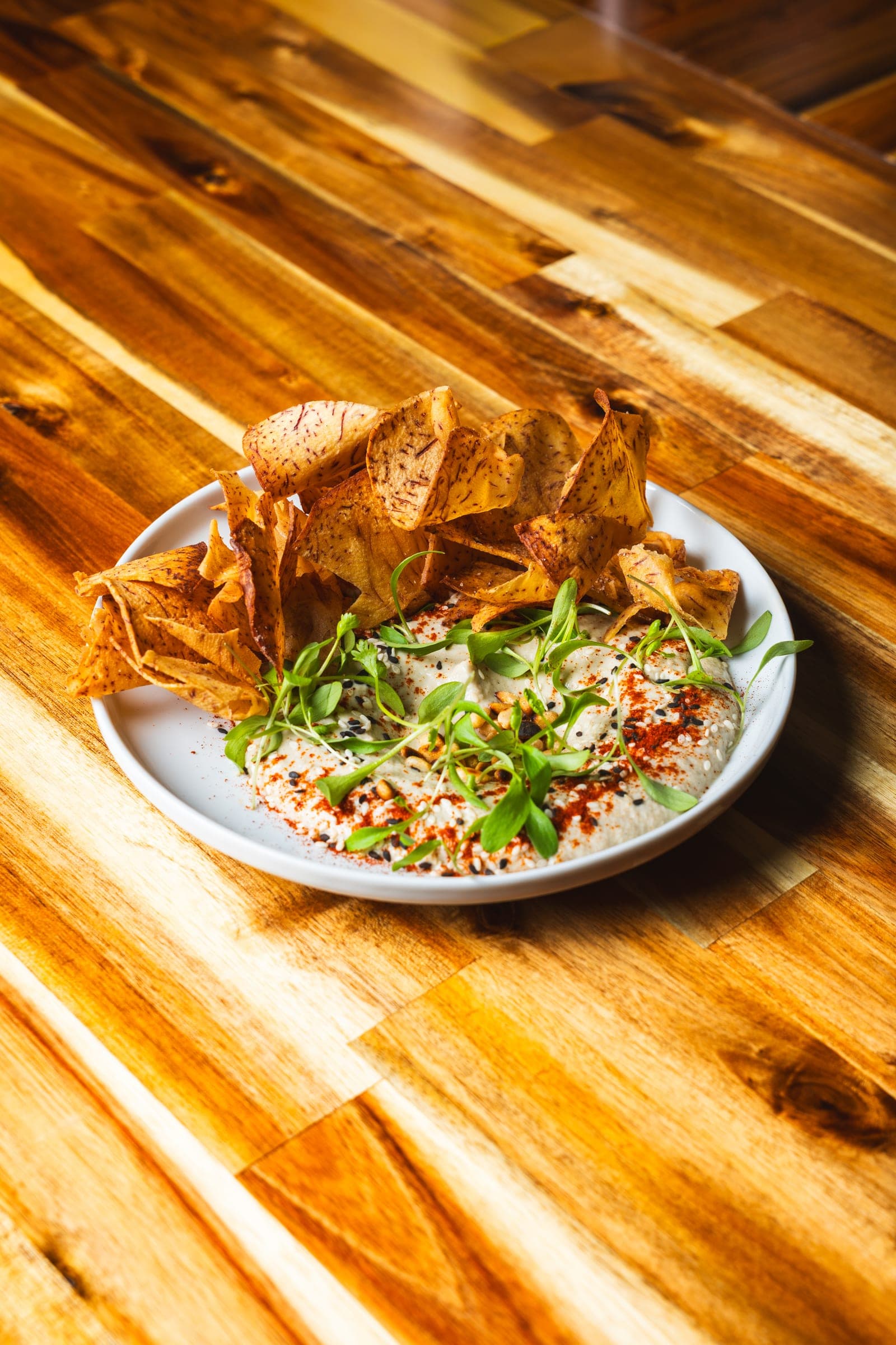 Crispy wonton salad piled with fresh herbs and greens