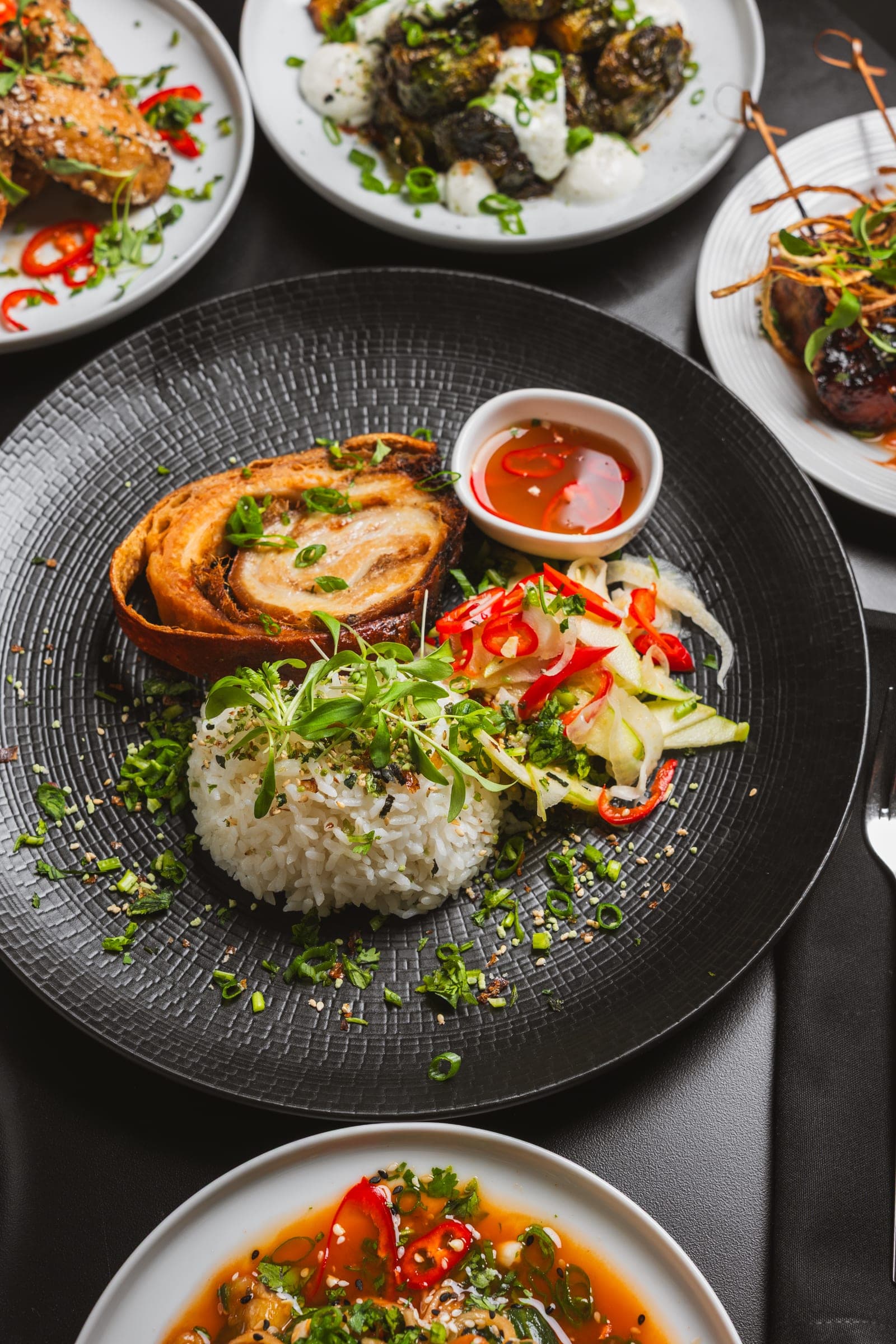 Overhead view of artfully plated dishes